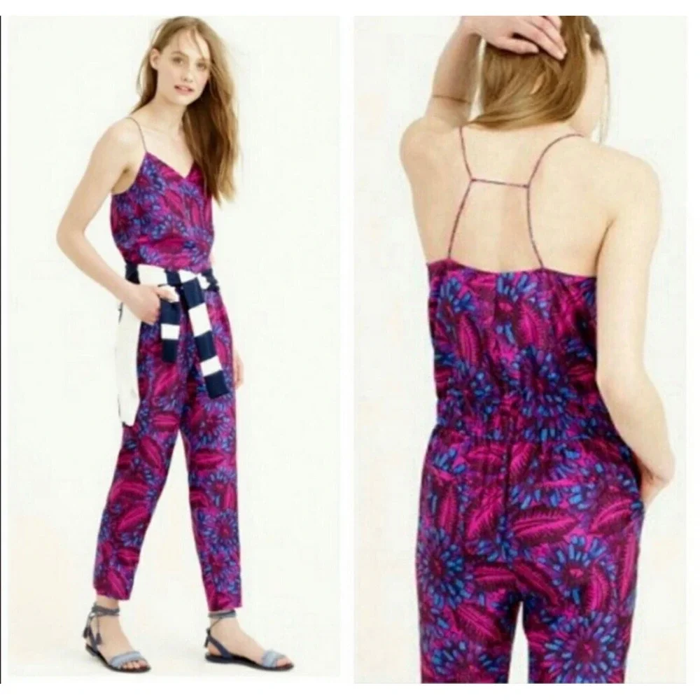 J.Crew Midnight Floral Silk Jumpsuit size 6 Pockets Silk! purple fuchsia magenta